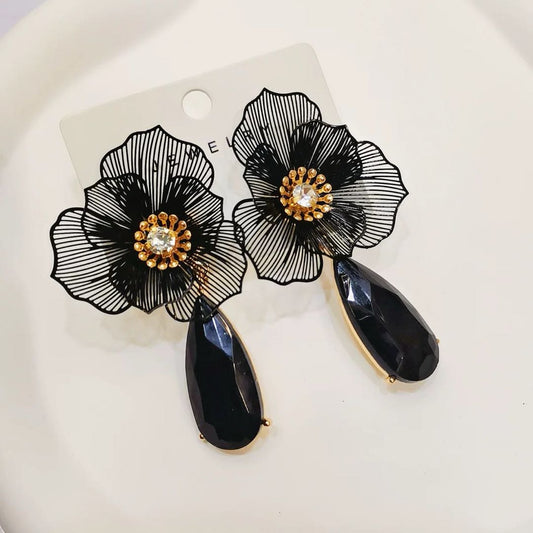 Gold Trident Drop Earrings with Diamonds