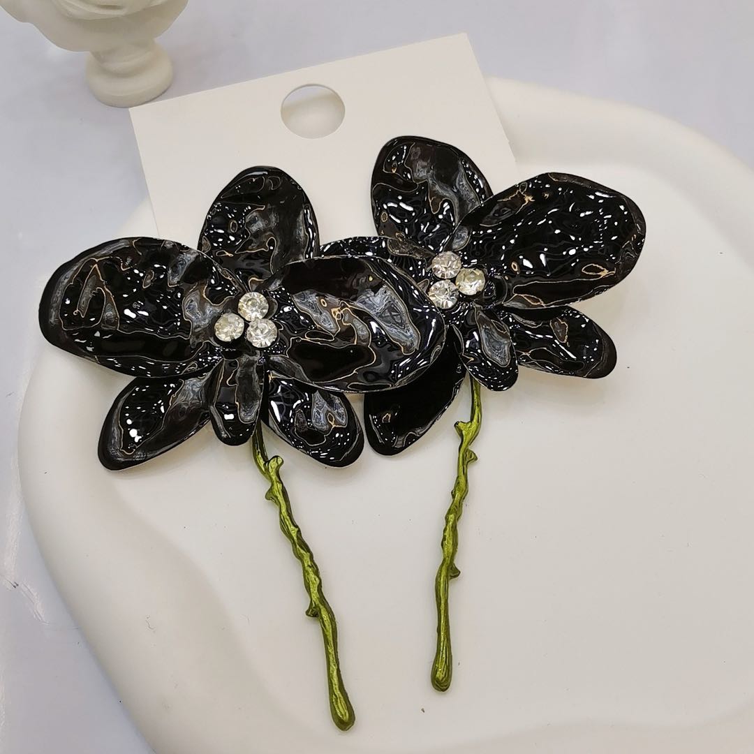 French Vintage Large Floral Brushed Metal Earrings