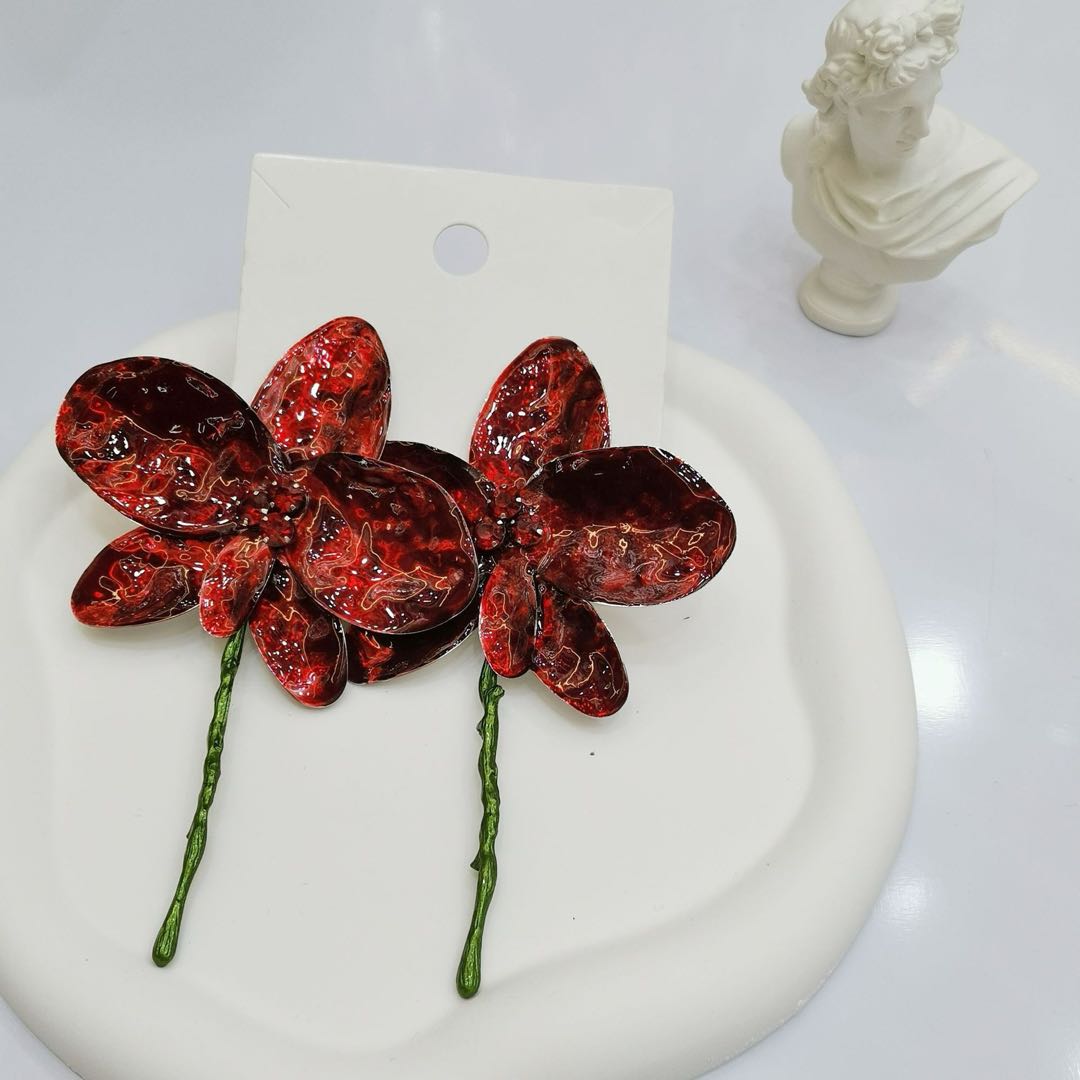 French Vintage Large Floral Brushed Metal Earrings