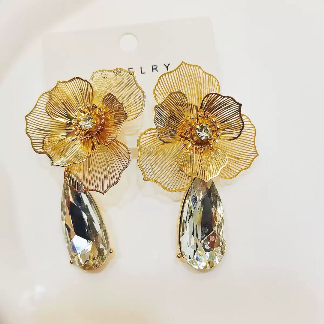Gold Trident Drop Earrings with Diamonds