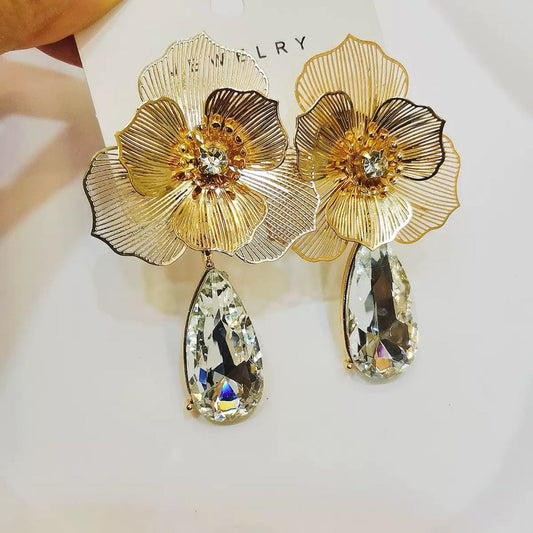 Gold Trident Drop Earrings with Diamonds