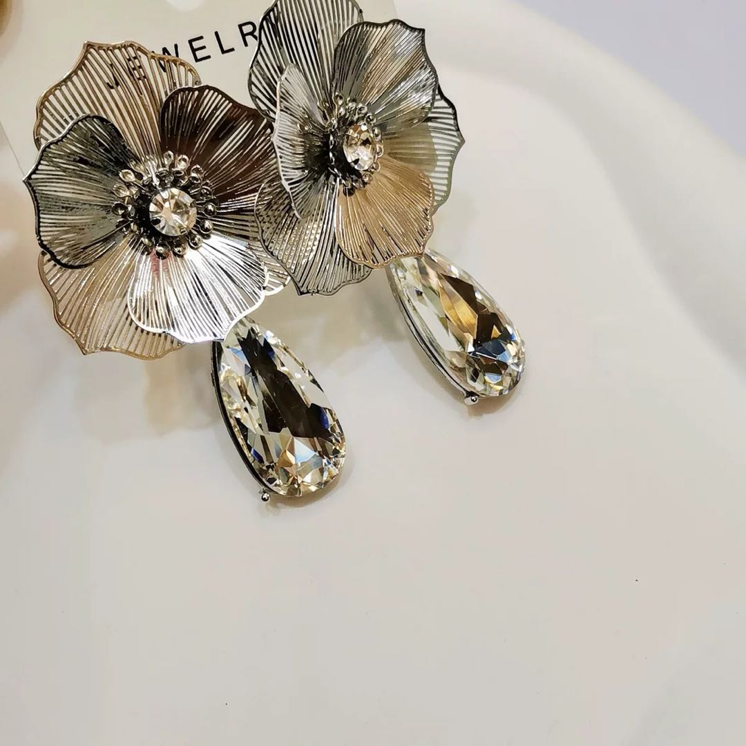 Gold Trident Drop Earrings with Diamonds