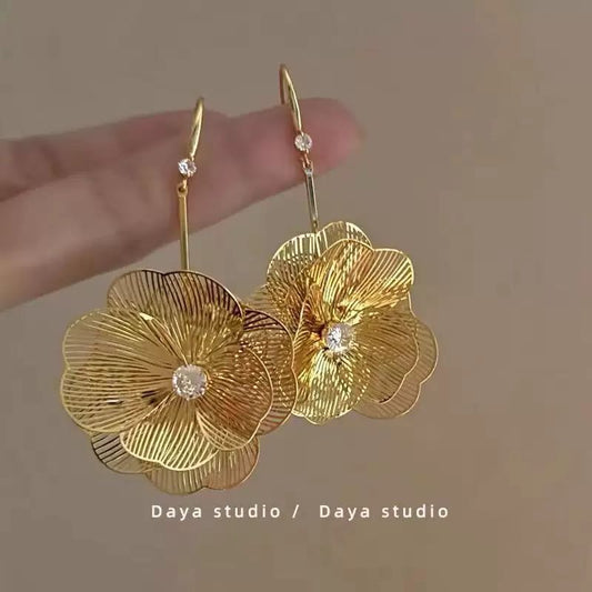 Gold Double-Layer Flower Stud Earrings